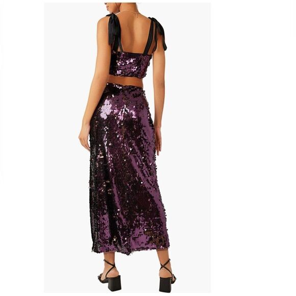 Free People Star Bright Sequin Two-Piece Crop Top & Midi Skirt, Lilac, Sz 4, NWT - Picture 4 of 10